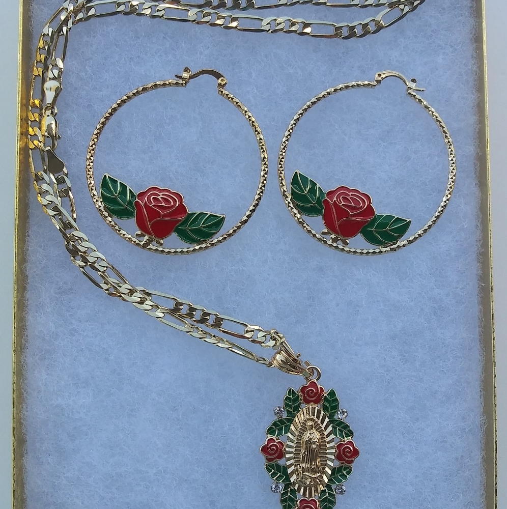 14k Gold Plated virgen de guadalupe and earrings hoop